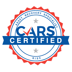 Logo of CARS Certified Asset Recovery Specialist with a red checkmark and blue ribbon design.