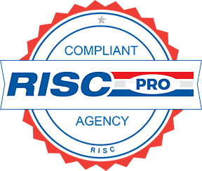 RISC Pro compliant agency badge with a red and blue design.