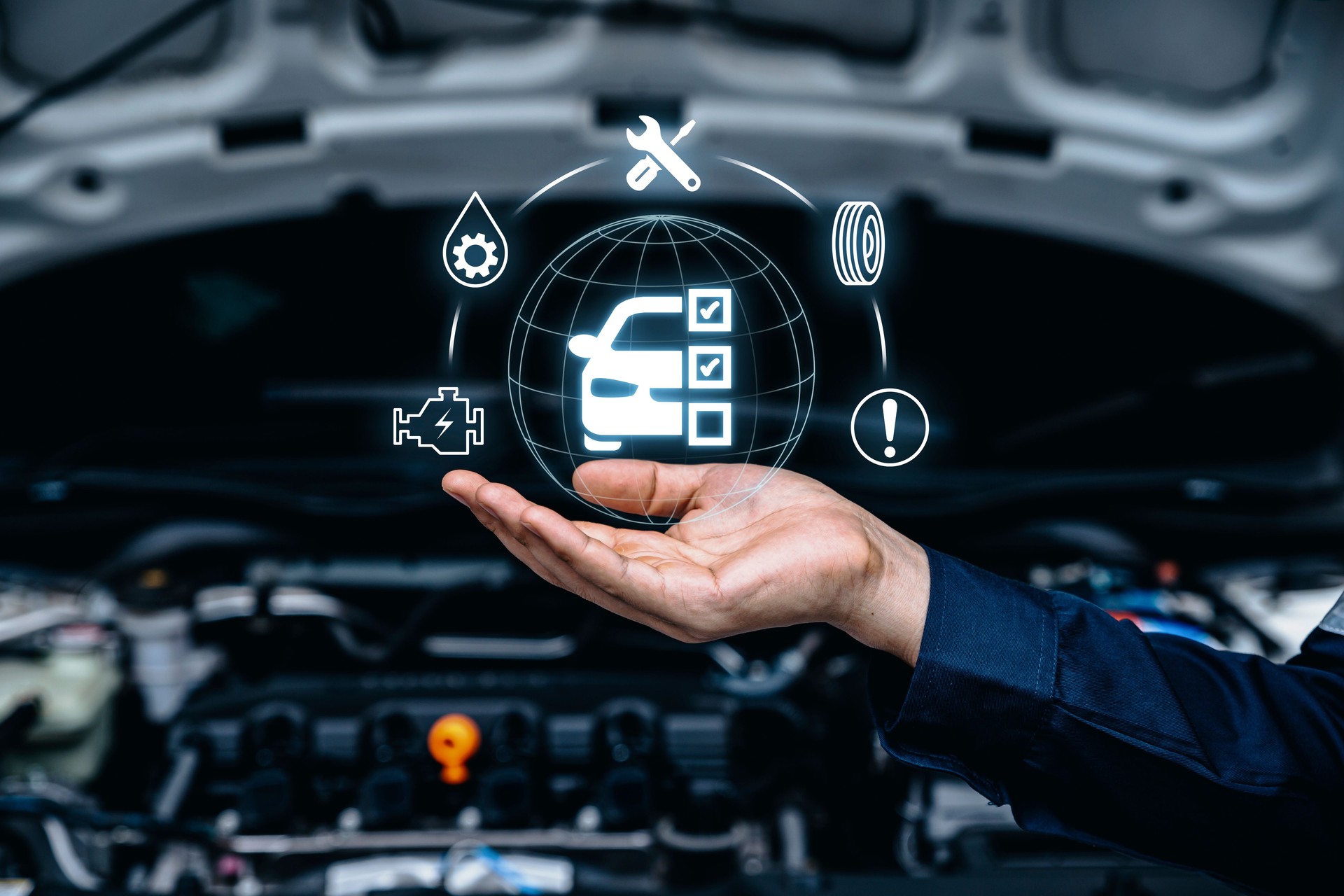 Hand of mechanic holding car service and checking.