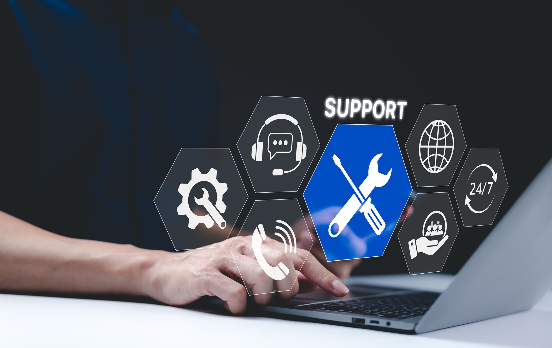 Technical support and customer service concept. Digital icon representing technical support, customer service, and 24/7 assistance. Business technology solutions for global support, service management